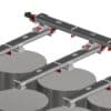 Engineering rendering of an ADDAMS screw conveyor distribution layout above storage silos