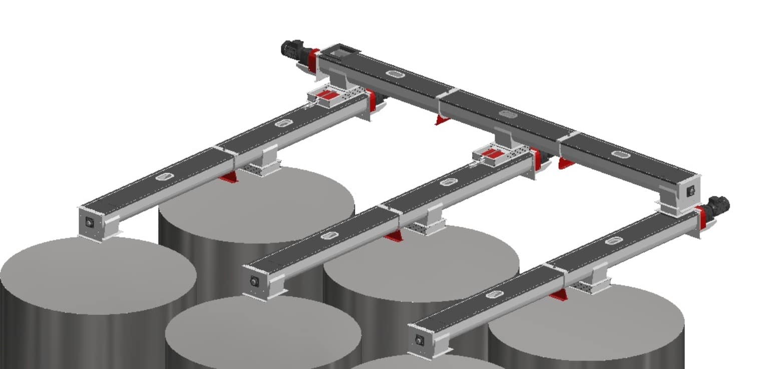 Engineering rendering of an ADDAMS screw conveyor distribution layout above storage silos