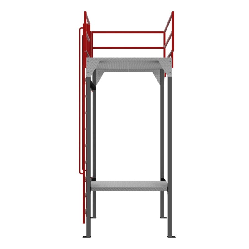 Engineering render of a steel access platform with red handrails, fixed ladder and two walking levels