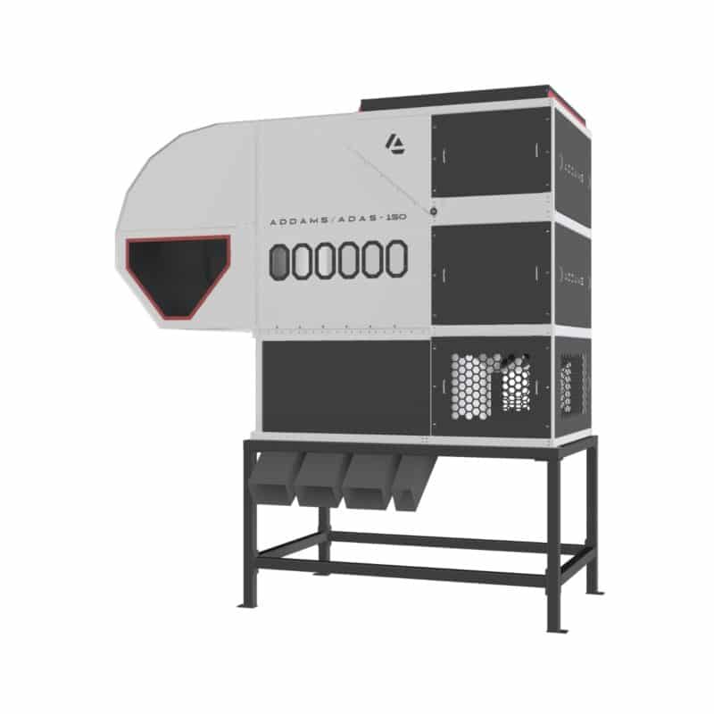 Engineering render of an ADDAMS ADAS 150 processing machine with inspection windows and discharge outlets