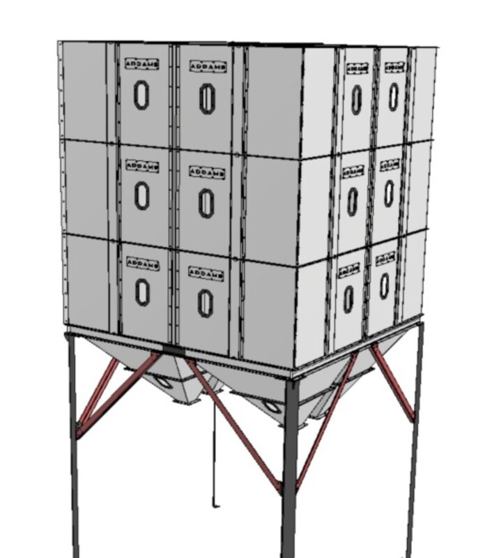Engineering render of an ADDAMS modular storage bin with hopper outlets and supporting frame