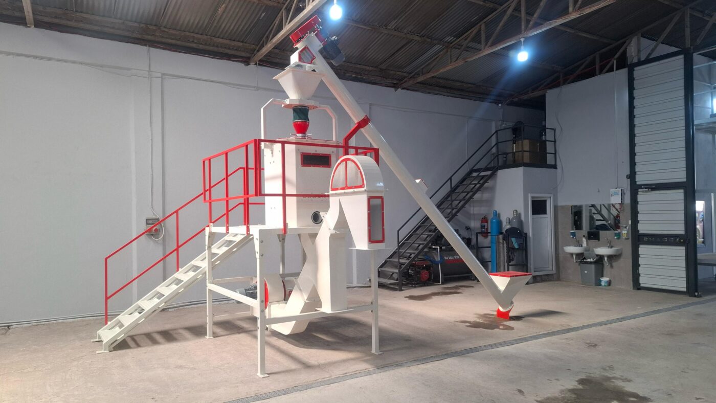 ADDAMS processing equipment with an access platform, red handrails and an inclined screw conveyor
