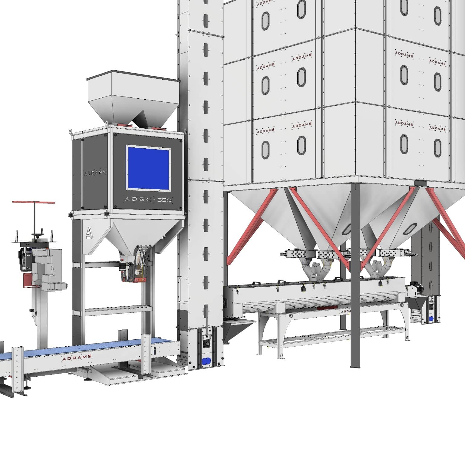 ADDAMS storage bins, bucket elevator, conveyors and weighing equipment in an engineering render