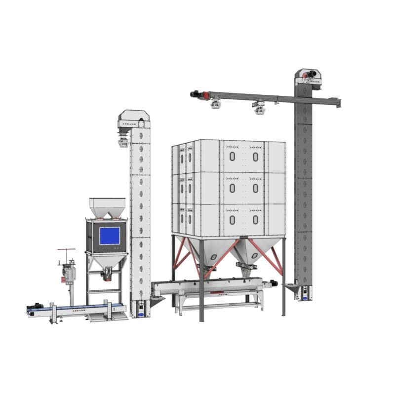 Engineering render of an ADDAMS storage and handling line with bucket elevators, bins and conveyors