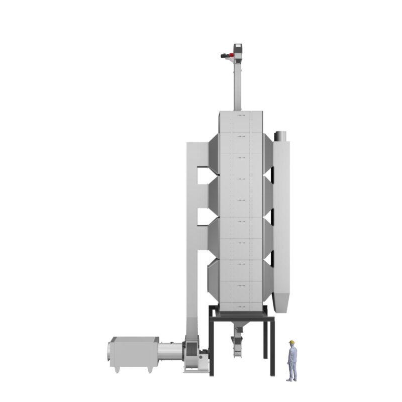 Front engineering view of an ADDAMS tower assembly with side air ducts, bucket elevator and lower fan unit