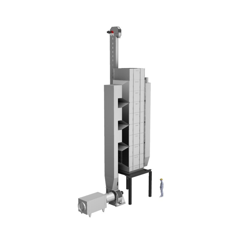 Perspective engineering view of an ADDAMS tower assembly with bucket elevator, air ducts, supporting legs and fan